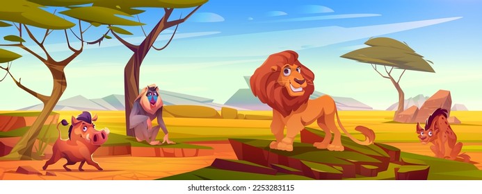 Savannah landscape with african animals. Cute lion, warthog, baboon and hyena characters in savanna or safari park. Nature scene with wild animals, trees and grass, vector cartoon illustration