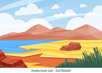 Savannah landscape. Cartoon nature desert scenery with lake, hills and stones. Vector summer background. Travel and tourism concept.