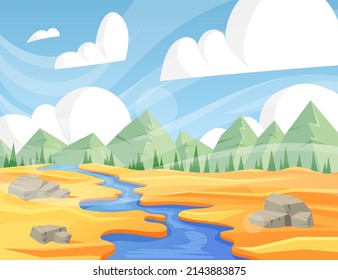 Savannah landscape. Cartoon nature desert scenery. Vector summer background. Travel and tourism concept.