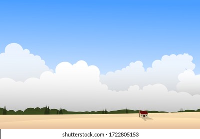 Savannah landscape with cloud, house, meadow, pine and spruce tree. Vector illustration background for poster, banner, web, social media, card, cover, ui.