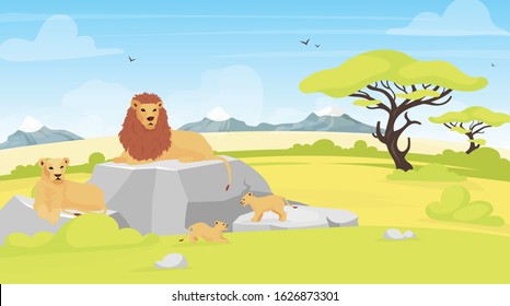 Savannah landscape flat vector illustration. African environment with lions lying on rock. Safari field with trees and creatures. Conservation park. South animals cartoon characters