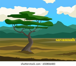Savannah landscape with lettering. Simple vector illustration