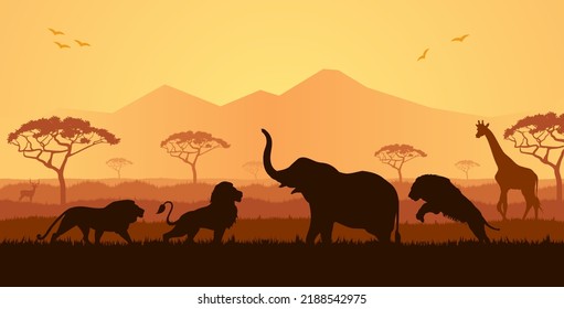 Savannah Landscape Sunset Vector Illustration. Best African Landscape With African Lion Predator Illustration.