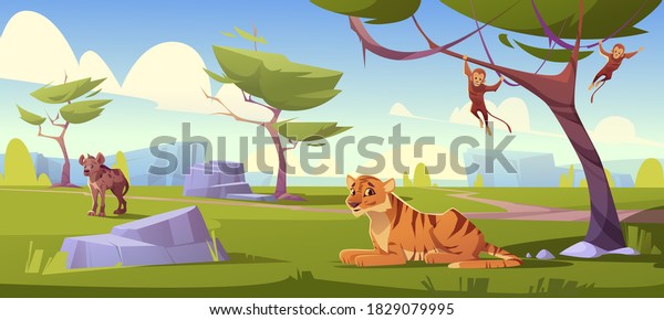 Savannah landscape with\
tiger, monkeys and jackal. Vector cartoon scenery of african\
savanna, summer natural park or tropical safari with wild animals,\
green trees and\
stones