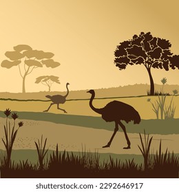 Savannah landscape with trees, grass and ostrich silhouettes. Vector illustration
