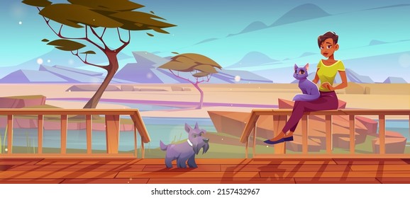 Savannah landscape with wooden terrace and woman with pets. Vector cartoon illustration of oasis in african desert with acacia trees, river and girl sitting on balustrade on terrace with cat and dog