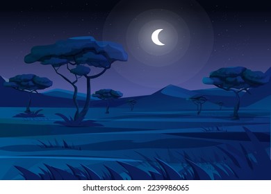 Savannah Nachtszene mit Feldern, Bergen, Bäumen und Gras im Mondlicht, Landschaftshintergrund im Cartoon-Stil.