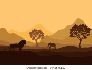 Savannah panorama with animals. Vector illustration in flat style.