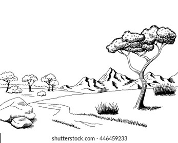 Savannah pathway graphic art black white landscape sketch illustration vector