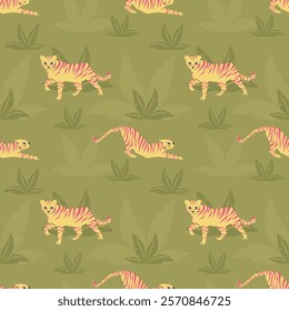 Savannah pattern with tigers in different poses hiding in the grass