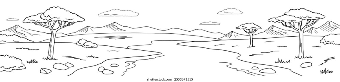 Savannah river coloring graphic black white landscape long sketch illustration vector 