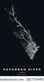 Savannah River drainage basin watershed map, white streams on black, minimalist line art poster and modern wall decor