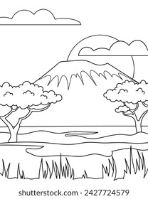 Savannah, Sahara, desert, prairies. Coloring page, black and white vector illustration.