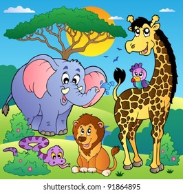 Savannah scenery with animals 2 - vector illustration.