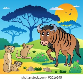 Savannah scenery with animals 3 - vector illustration.