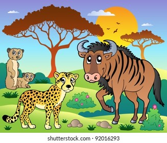 Savannah scenery with animals 5 - vector illustration.