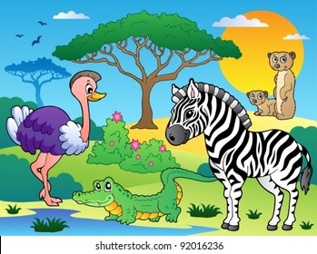 Savannah scenery with animals 6 - vector illustration.