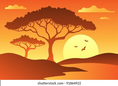 Savannah scenery with trees 1 - vector illustration.