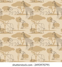 Savannah seamless pattern. African safari repetitive illustration. Nature wildlife and wild animal background. Outline and silhouette neutral wallpaper art.