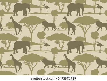 Savannah seamless pattern. African safari repetitive illustration. Wildlife and wild animal silhouette background. Simple and elegant wallpaper art.