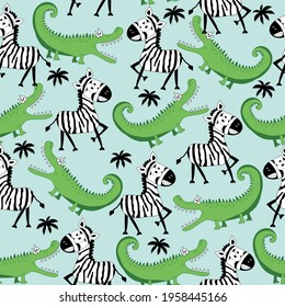 Savannah seamless pattern- funny zebra and crocodile hand drawn vector illustartion. Good for Textile print, T shirt, poster, wrapping and wall paper design.