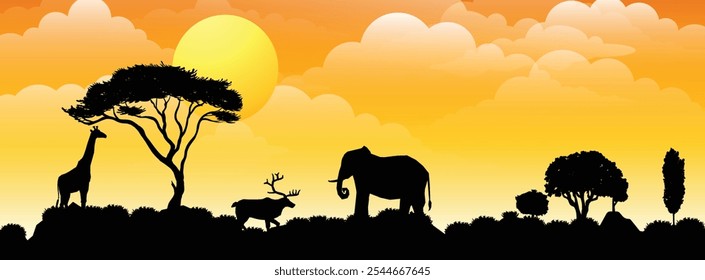 Savannah silhouette at the Evening. African Nature, Meadow, Grassland. Vector illustration isolated, eps