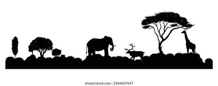 Savannah silhouette at the Evening. African Nature, Meadow, Grassland. Vector illustration isolated, eps