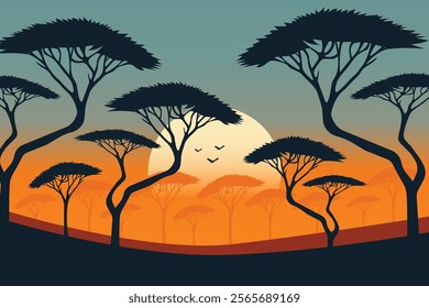 savannah at sunset with tree silhouettes flat vector illustration