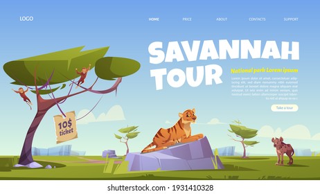 Savannah tour cartoon landing page, invitation in national park with wild animals. Tiger, hyena and monkey jungle inhabitants in zoo or safari outdoor area, vector web banner for booking tickets