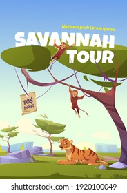 Savannah tour cartoon poster, invitation in national park with wild animals. Tiger and monkey jungle inhabitants in zoo or safari outdoor area. Beasts life in fauna vector flyer with ticket price
