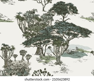 Savannah Trees African Landscape Seamless Pattern, Safari Hand Drawn Toile Print on Grey Background, National Park Plants Textile Design Outline Drawing