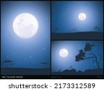 Savannah trees and mountain. Nightscape set. Full moon in starry sky
