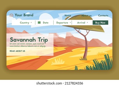 Savannah trip landing page template. African desert, wild nature with green tree, stones and blue sky. Vector cartoon landscape, travel and adventure.