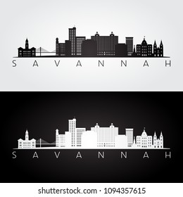 Savannah USA skyline and landmarks silhouette, black and white design, vector illustration.