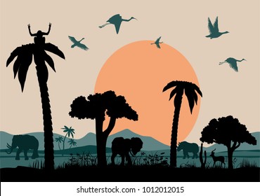 Savannah vector landscape with elephants and other animals vector silhouettes, vector illustration