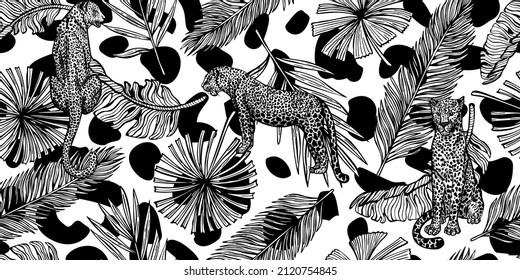 Savannah wildlife seamless pattern. Vintage Leopard and leaves of palm, banana in engraving style. Hand drawn texture for fabric, wallpaper, textile, print, title, wrapping paper. Vector illustration.