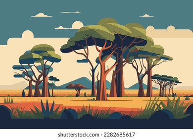 Savannahs with tall grass and scattered trees. African savannah landscape with trees. Vector illustration in flat style.