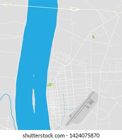 Savannakhet City Vector Map in gray background contains road, airport and river
