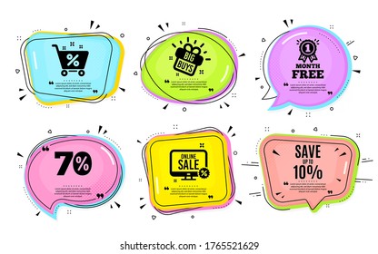 Save up to 10%. Big buys, online shopping. Discount Sale offer price sign. Special offer symbol. Quotation bubble. Banner badge, texting quote boxes. Discount text. Coupon offer. Vector