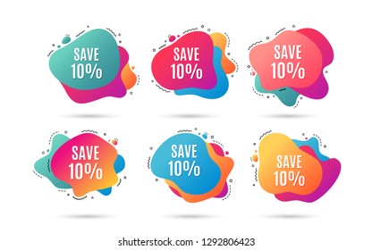 Save 10% off. Sale Discount offer price sign. Special offer symbol. Abstract dynamic shapes with icons. Gradient banners. Liquid  abstract shapes. Vector