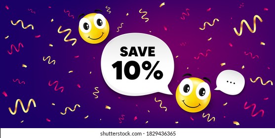 Sparen Sie 10 % Rabatt. Lächeln Sie Gesicht mit Sprachblase. Preisschild zum Verkaufspreis. Sonderangebot-Symbol. Lächle den Charakter mit Konfetti. Rabatt auf das Symbol für Sprachblasen. gelber Hintergrund. Vektorgrafik