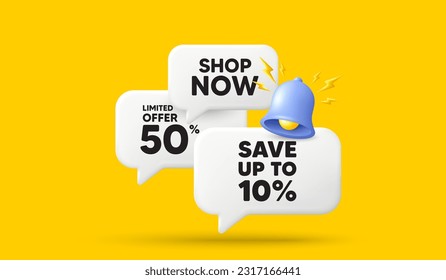 Save up to 10 percent. 3d offer chat speech bubbles. Discount Sale offer price sign. Special offer symbol. Discount speech bubble 3d message. Talk box banner with bell. Vector