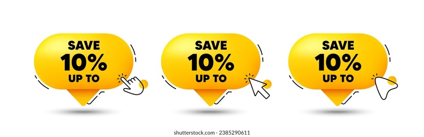 Ahorra hasta el 10 por ciento. Pulse aquí los botones. Indicador de precio de oferta de venta de descuento. Símbolo de oferta especial. Mensaje de chat de burbuja de voz de descuento. infografía de la caja de llamadas. Vector
