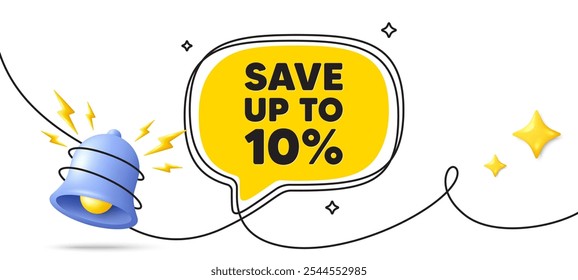 Save up to 10 percent. Continuous line art banner. Discount Sale offer price sign. Special offer symbol. Discount speech bubble background. Wrapped 3d bell icon. Vector