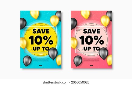 Ahorra hasta el 10 por ciento. Afiches de volante con globos realistas cubiertos. Indicador de precio de oferta de venta de descuento. Símbolo de oferta especial. Descuento de los carteles de los cuadros de texto. Los globos se cubren. Vector