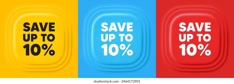 Guardar hasta un 10 por ciento. Anuncios de oferta neumórfica. Descuento Oferta oferta Precio signo. Símbolo de oferta especial. Fondo de podio de descuento. Infografías de Producto. Vector