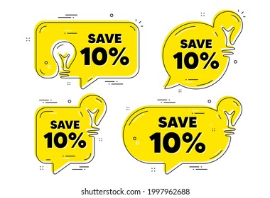 Save 10 percent off. Idea yellow chat bubbles. Sale Discount offer price sign. Special offer symbol. Discount chat message banners. Idea lightbulb balloons. Vector