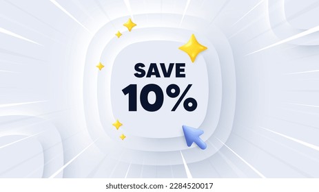 Sparen Sie 10 % Rabatt auf den Tag. Neumorpher Banner mit Sonnenbrand. Preisschild zum Verkaufspreis. Sonderangebot-Symbol. Discount-Nachricht. Banner mit 3D-Cursor. Zirkuläre pneumorphische Vorlage. Vektorgrafik