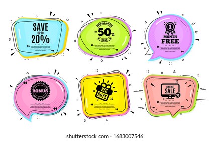 Sparen Sie bis zu 20 %. Große Käufe, Online-Shopping. Preisschild für den Rabattverkauf. Sonderangebot-Symbol. Quotationsblase. Banner-Badge, SMS-Anführungskästen. Rabatt auf Text. Coupon-Angebot. Vektorillustration