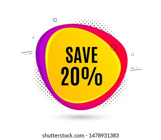 Save 20% off. Banner text shape. Sale Discount offer price sign. Special offer symbol. Geometric vector banner. Discount text. Gradient shape badge. Halftone pattern. Vector